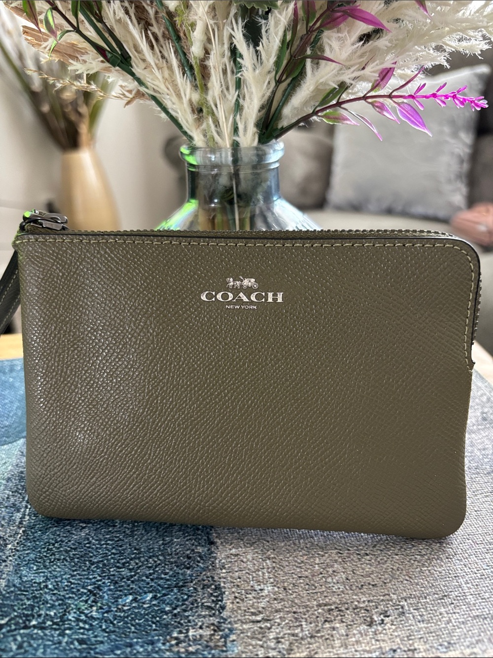 COACH Olive Green Pebbled Leather Wristlet Pouch